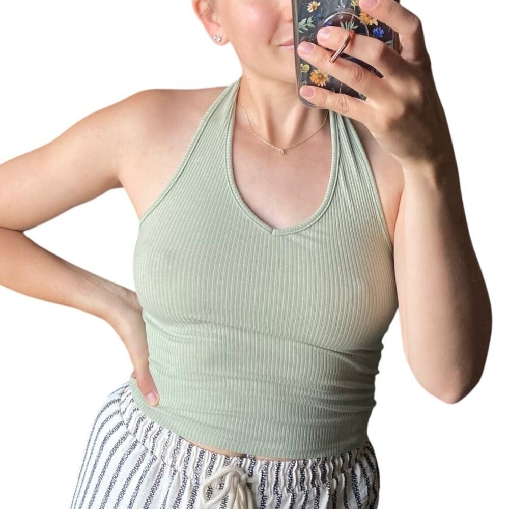 American Eagle XS Green Ribbed Knit Halter V-neck Backless Crop Tank Top